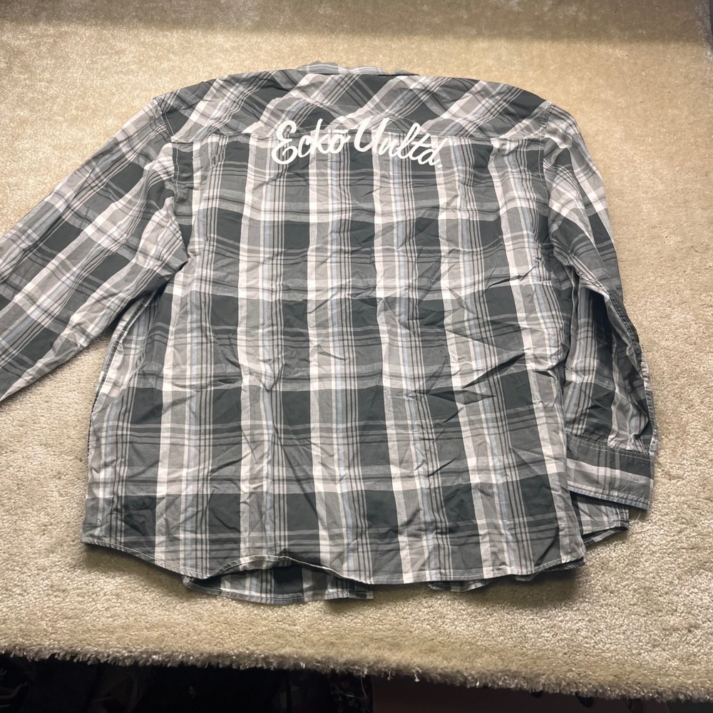 Ecko Unltd Mens 4XL Plaid Button Down Shirt Grey Black Long Sleeve Back Logo Y2K - Picture 8 of 9